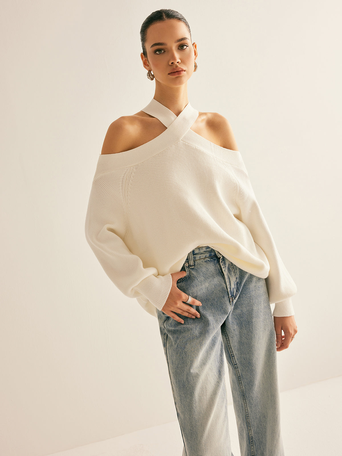 Trui met Kraag en Cold-Shoulder Uitsparingen