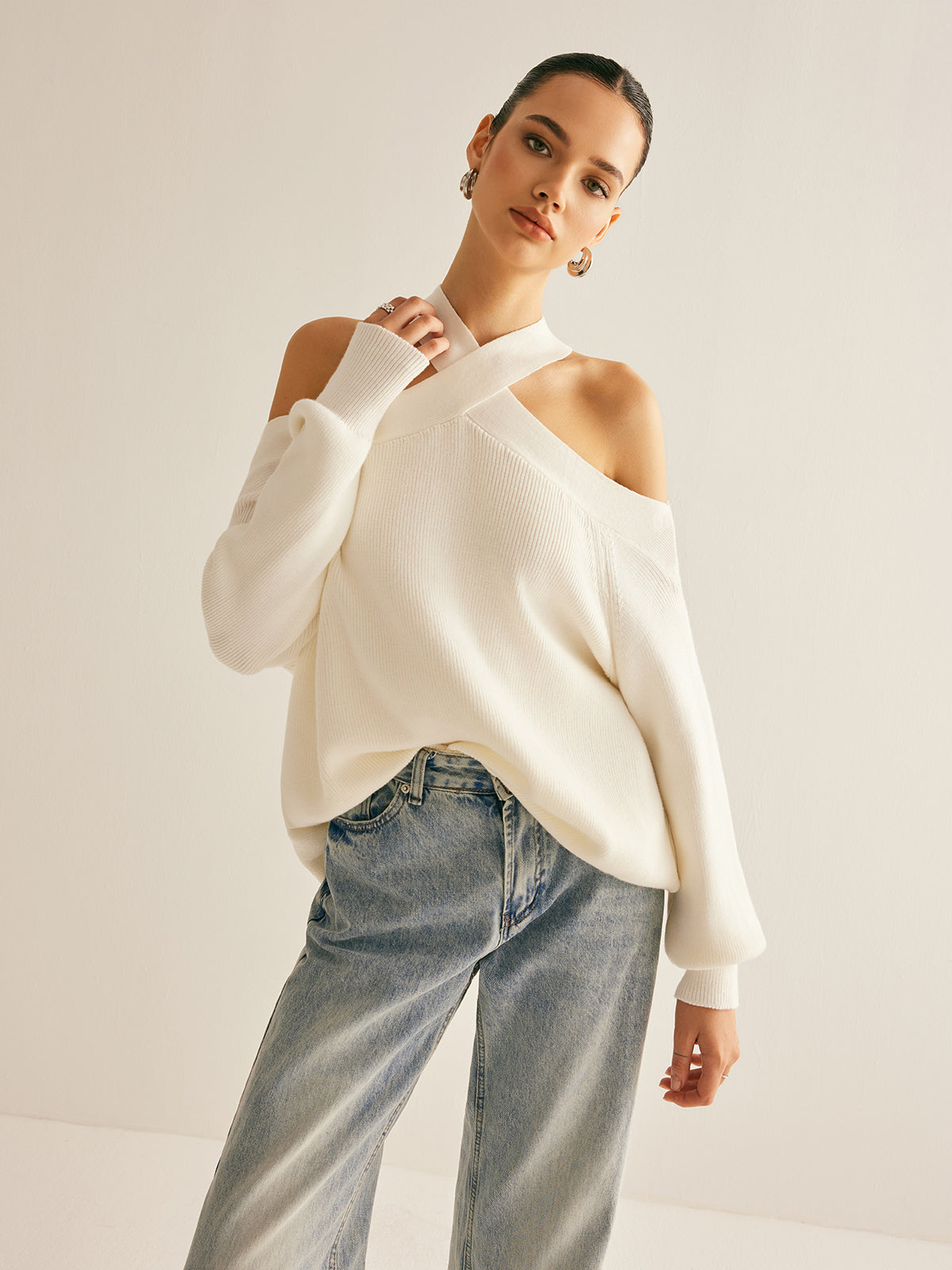 Trui met Kraag en Cold-Shoulder Uitsparingen