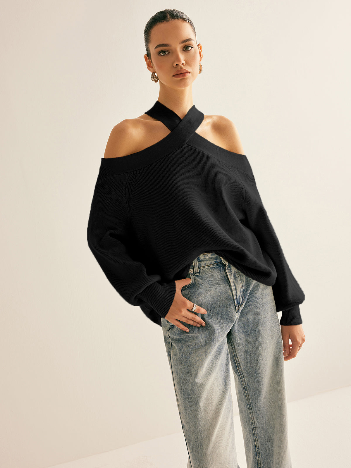 Trui met Kraag en Cold-Shoulder Uitsparingen