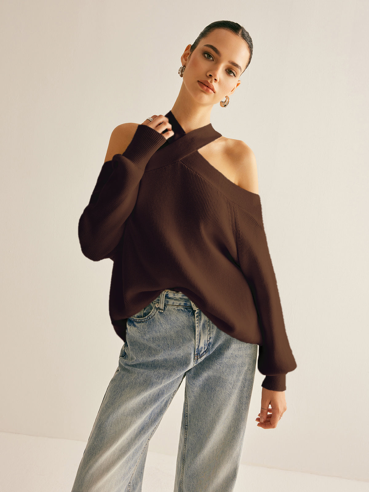 Trui met Kraag en Cold-Shoulder Uitsparingen