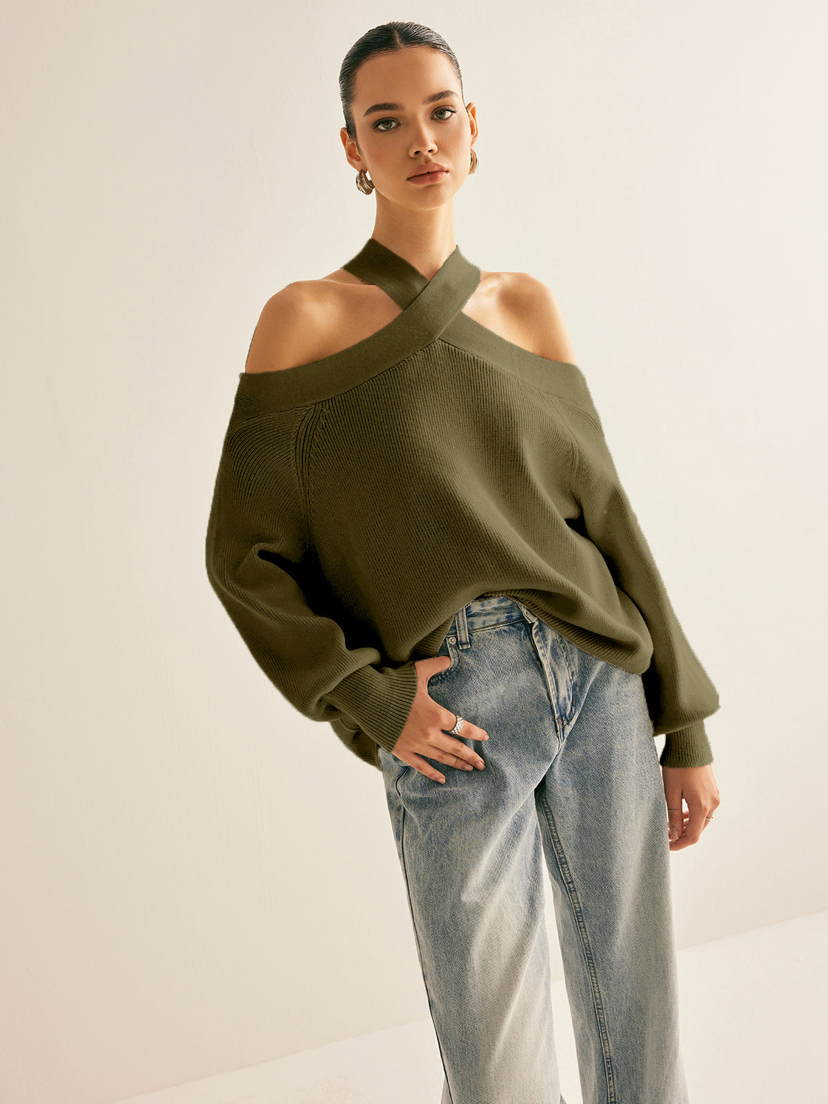 Trui met Kraag en Cold-Shoulder Uitsparingen